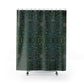Patterned shower curtain with a green and brown design on a white background