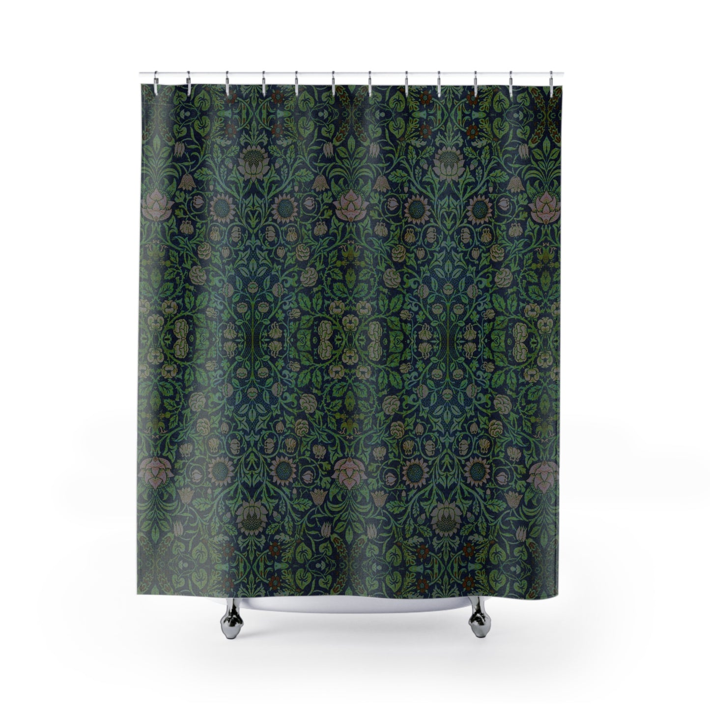 Patterned shower curtain with a green and brown design on a white background