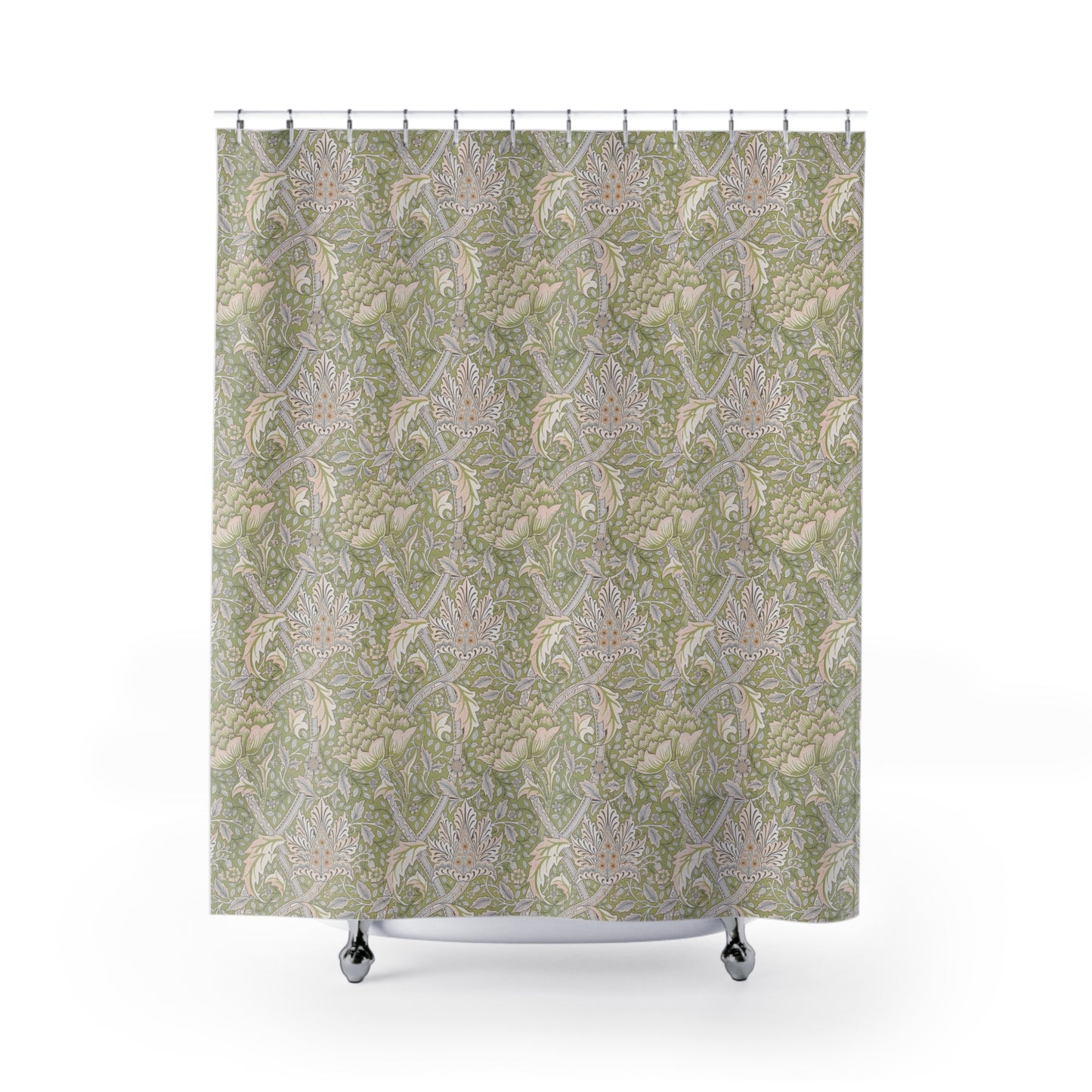 A shower curtain featuring a green floral pattern inspired by William Morris.