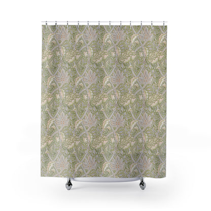 A shower curtain featuring a green floral pattern inspired by William Morris.