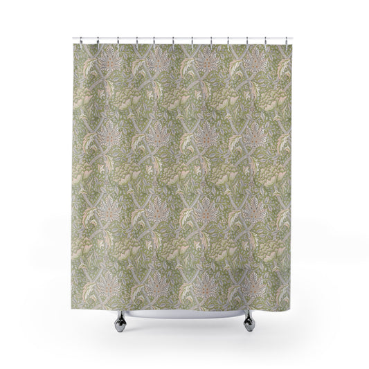 A shower curtain featuring a green floral pattern inspired by William Morris.