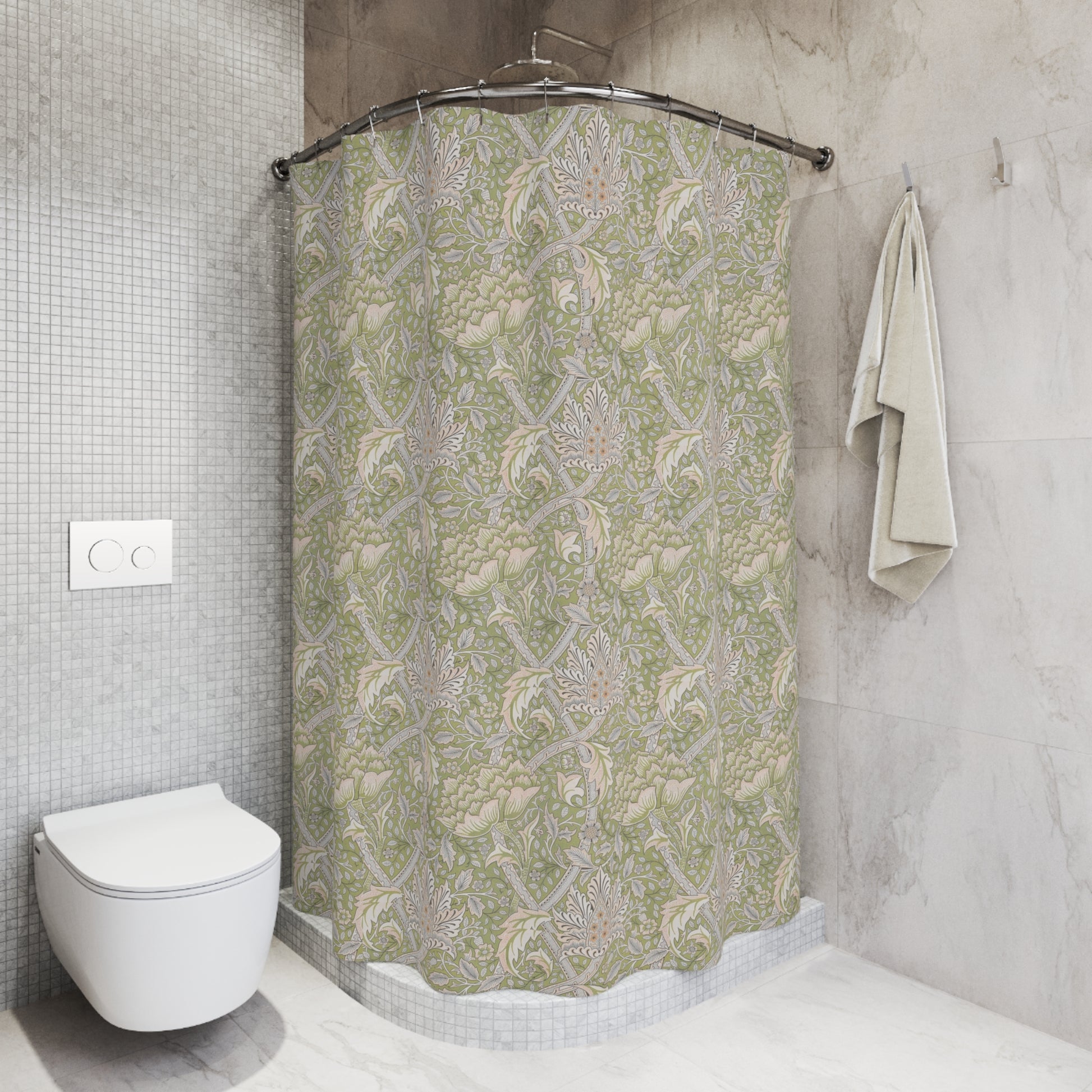 A shower curtain featuring a green floral pattern inspired by William Morris.