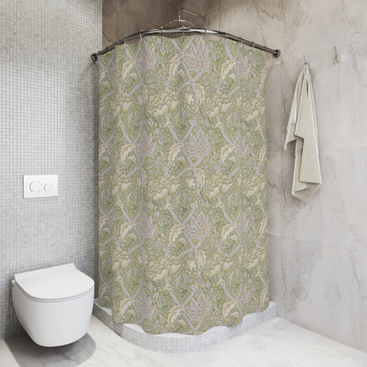A shower curtain featuring a green floral pattern inspired by William Morris.