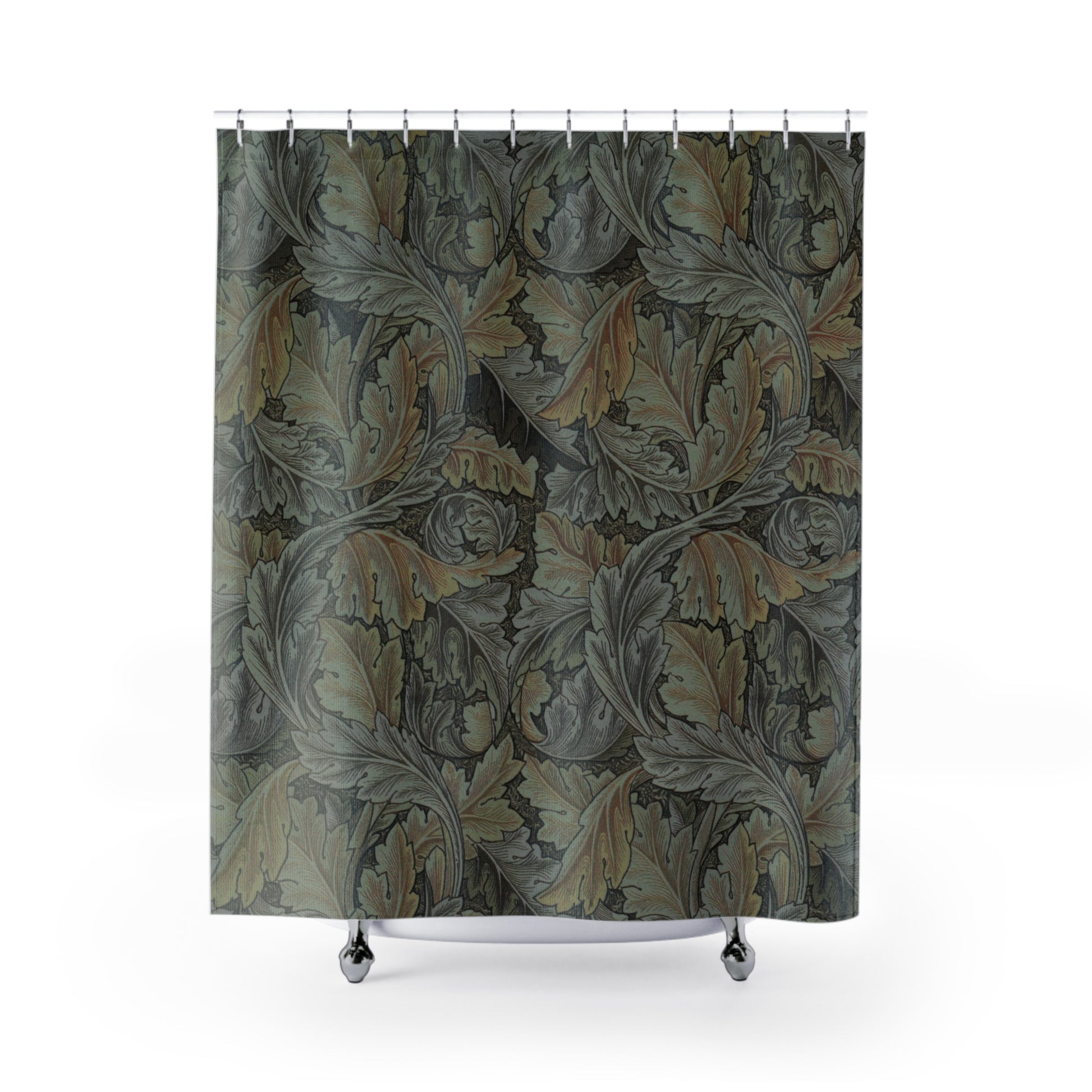 Floral patterned shower curtain with metallic accents on a white background