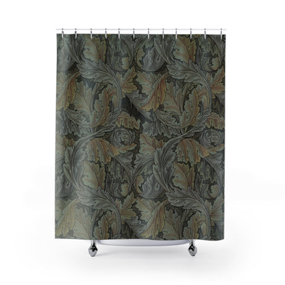 Floral patterned shower curtain with metallic accents on a white background