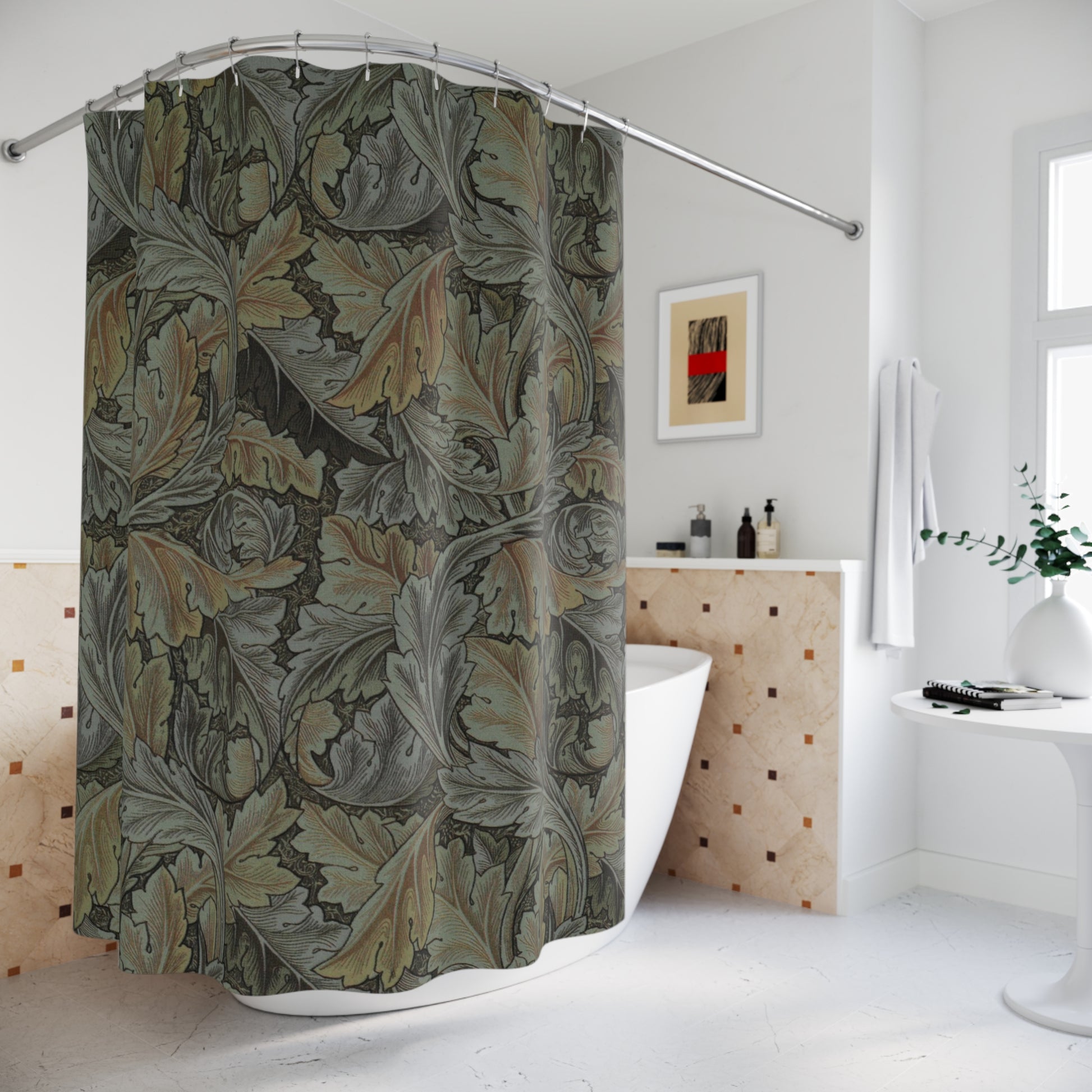 Shower curtain with leaf pattern in a bathroom setting