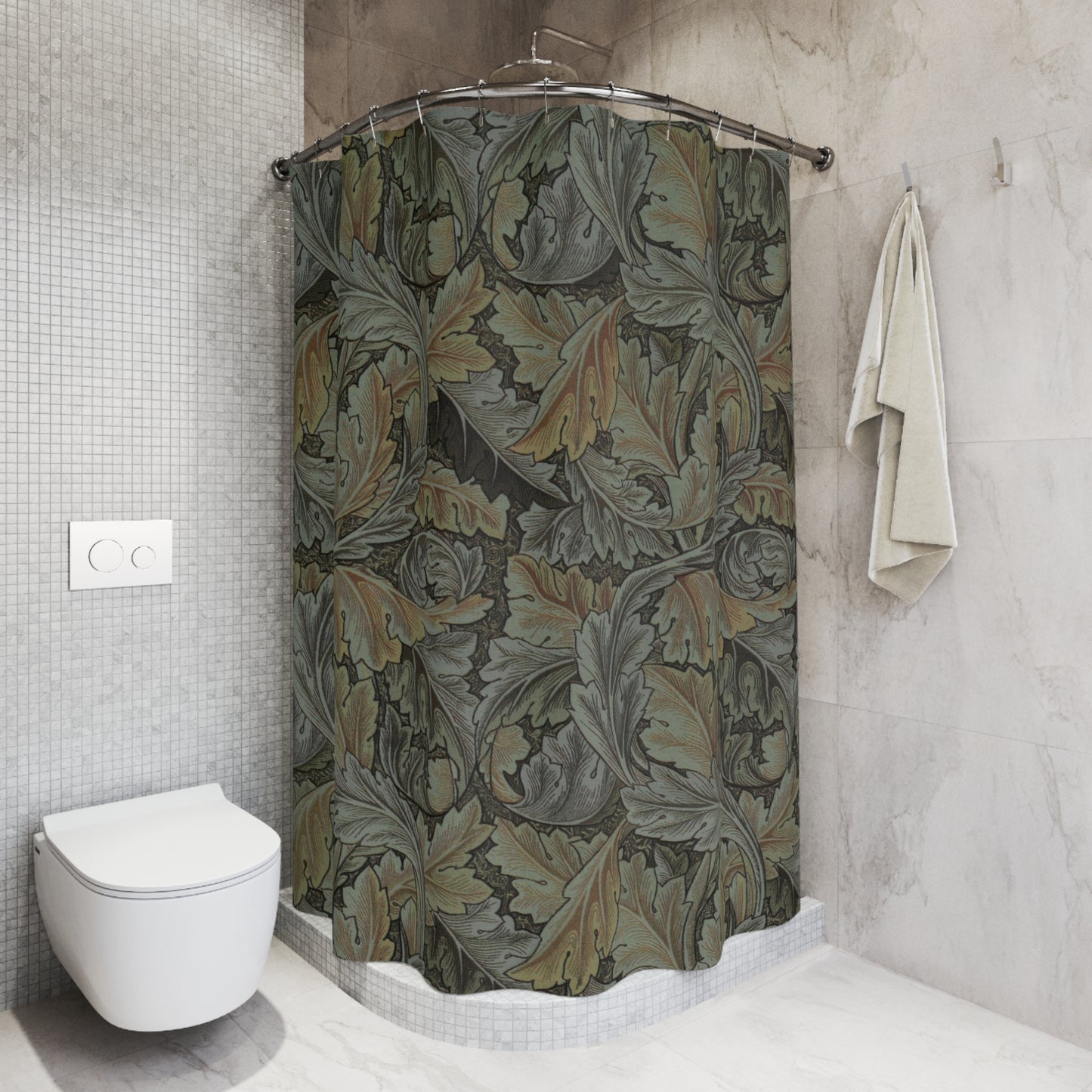 Bathroom with a floral-patterned shower curtain and a white toilet.