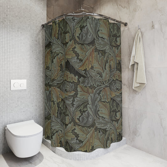 Bathroom with a floral-patterned shower curtain and a white toilet.