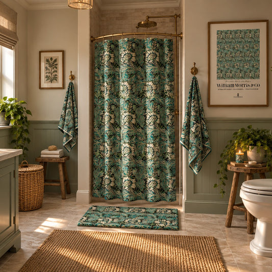 A bathroom scene showing a shower curtain with a teal, green, and white botanical leaf pattern hanging in a shower. The bathroom also features a white vanity with a marble countertop, a mirror, and a blue-gray accent wall.