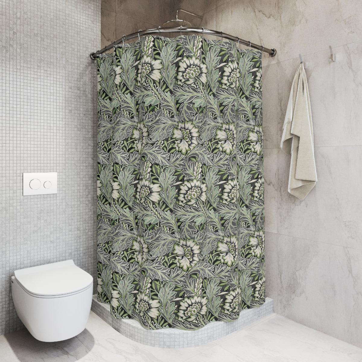 Shower curtain with floral pattern in a bathroom setting
