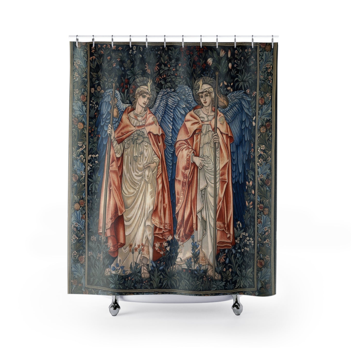 Shower curtain with angelic design on a white background