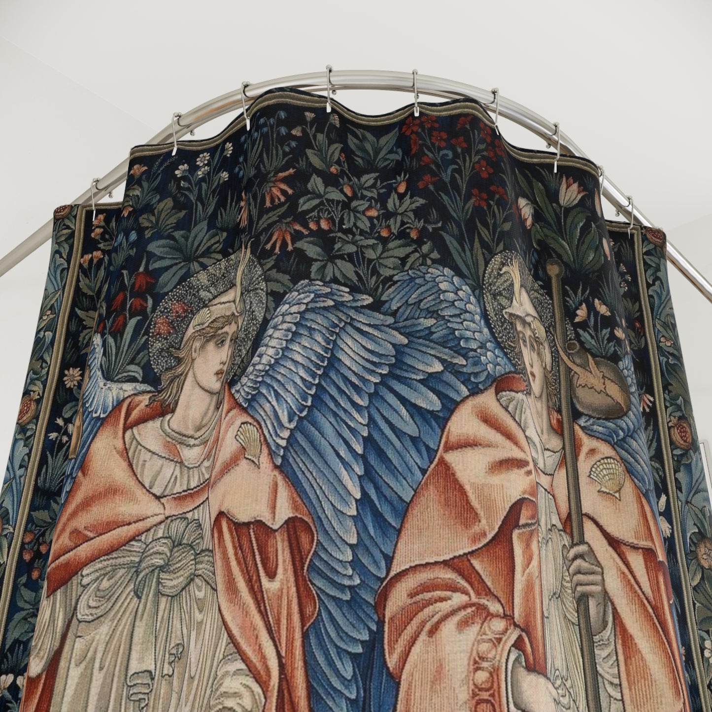 Tapestry with angelic figures and floral patterns on a white background