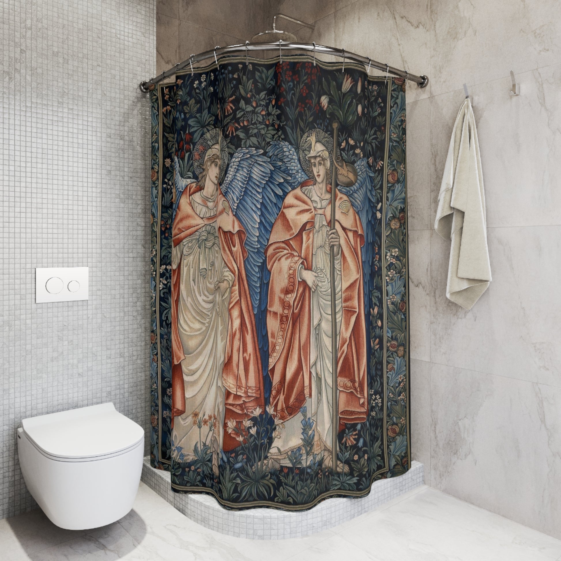 Decorative shower curtain with angel design in a bathroom setting