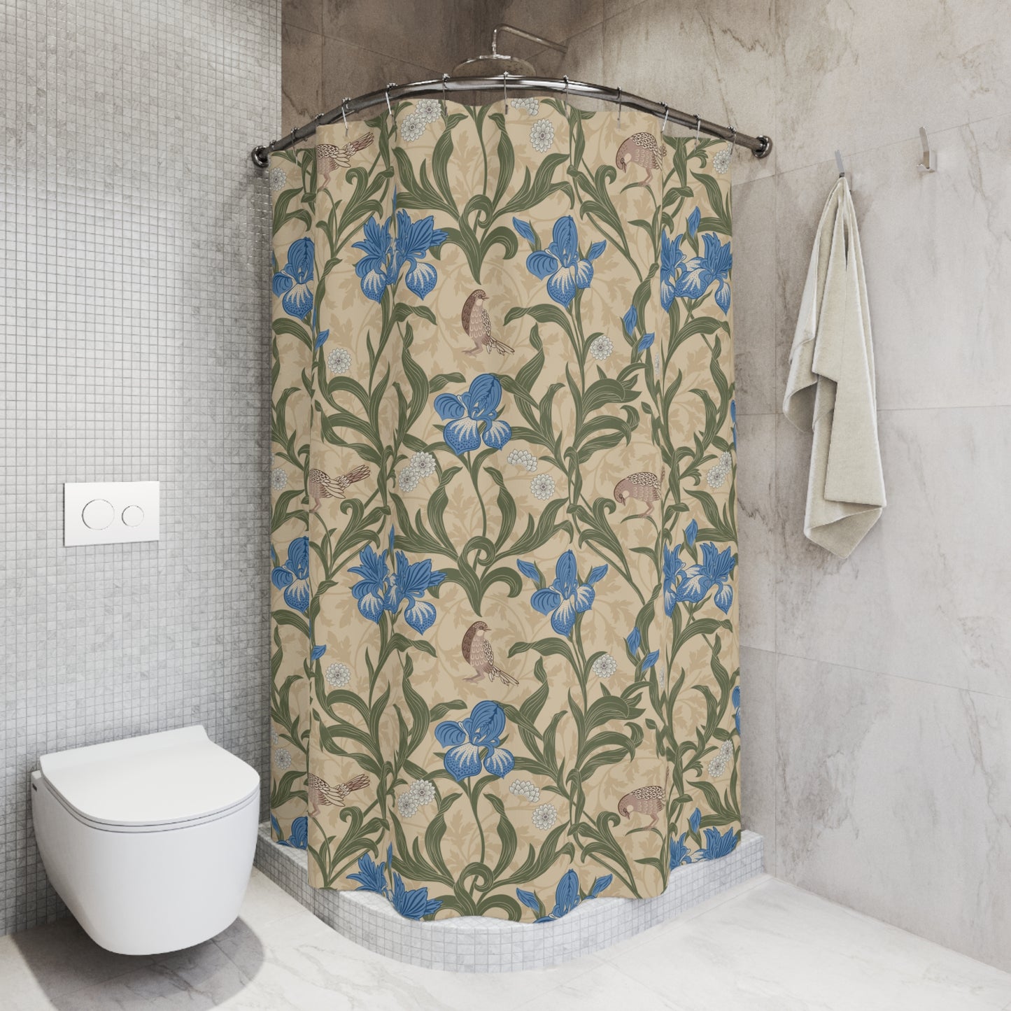 Bathroom with a floral shower curtain and a white toilet.