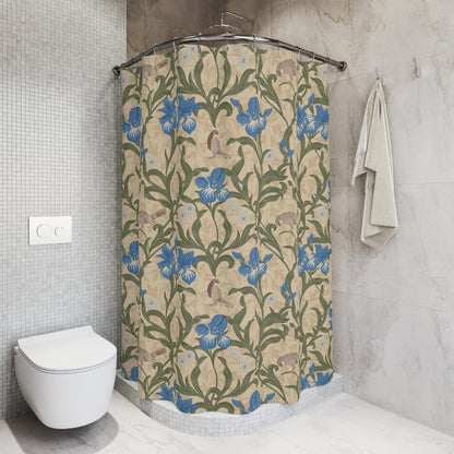 Bathroom with a floral shower curtain and a white toilet.