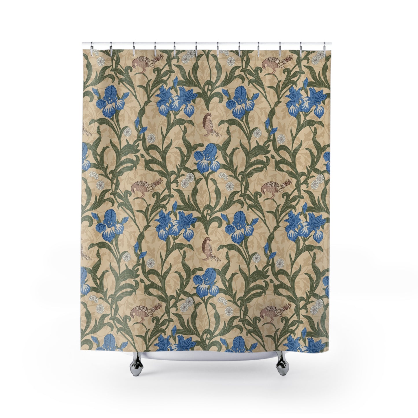 Shower curtain with floral pattern on a beige background