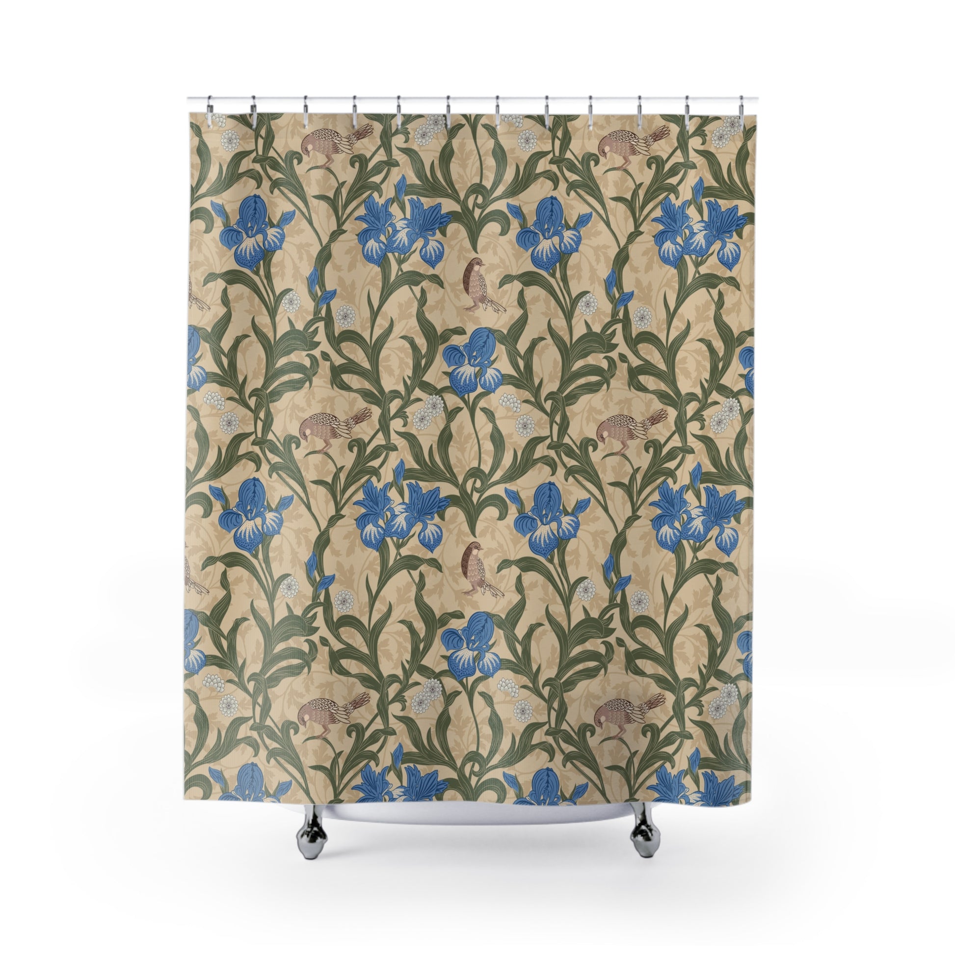 Shower curtain with floral pattern on a beige background