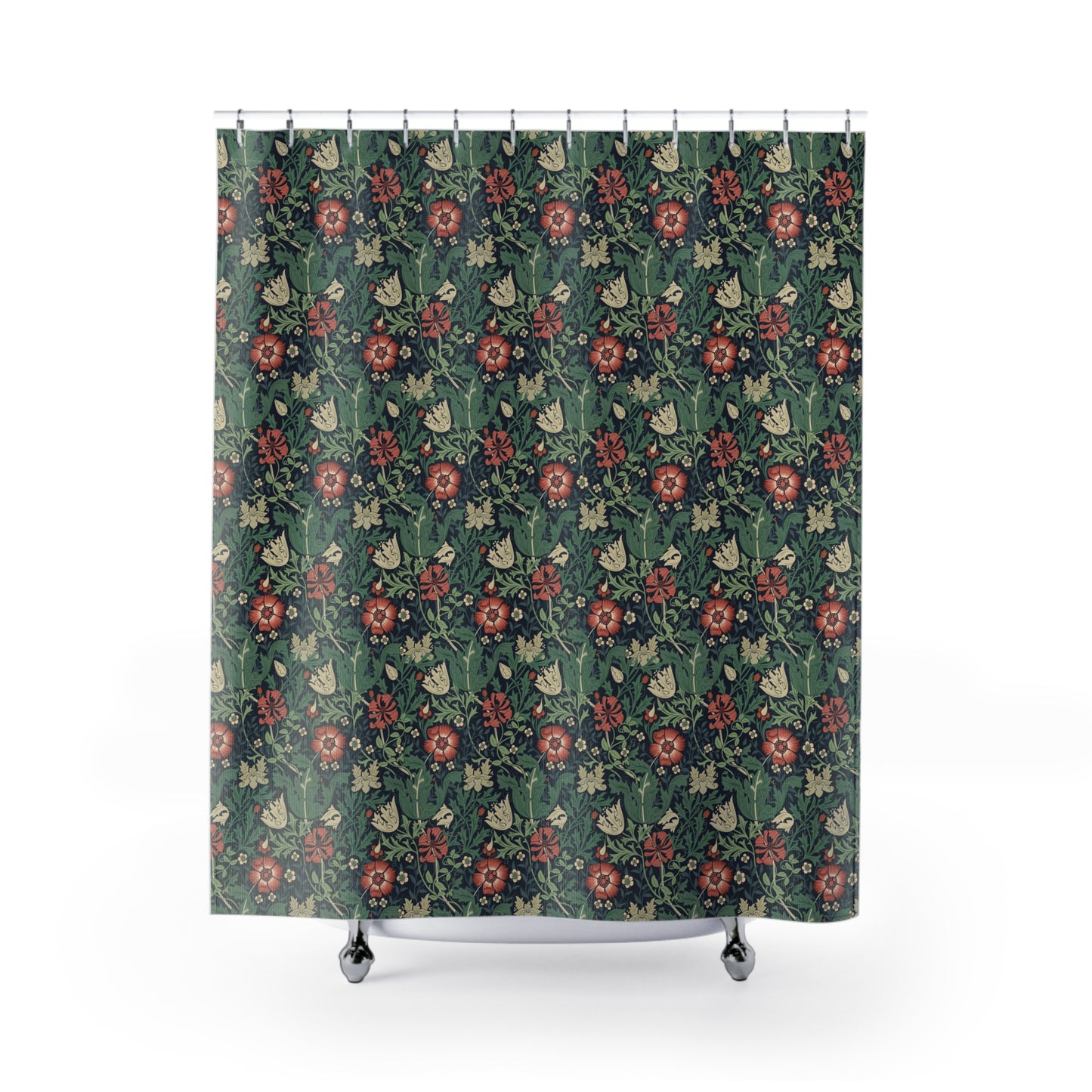 Floral patterned shower curtain on a white background