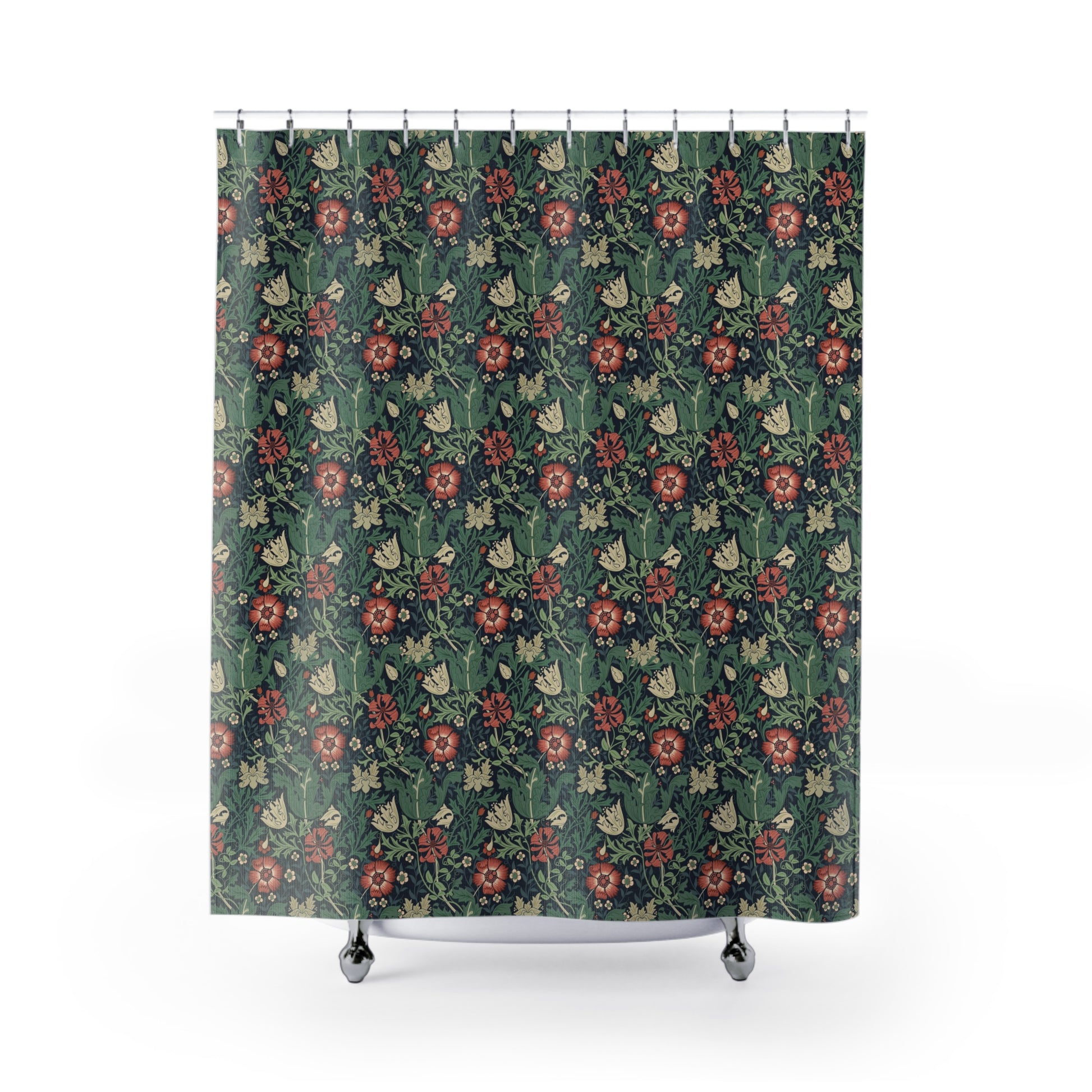 Floral patterned shower curtain on a white background