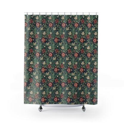 Floral patterned shower curtain on a white background