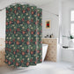Shower curtain with green leaf pattern in a bathroom setting