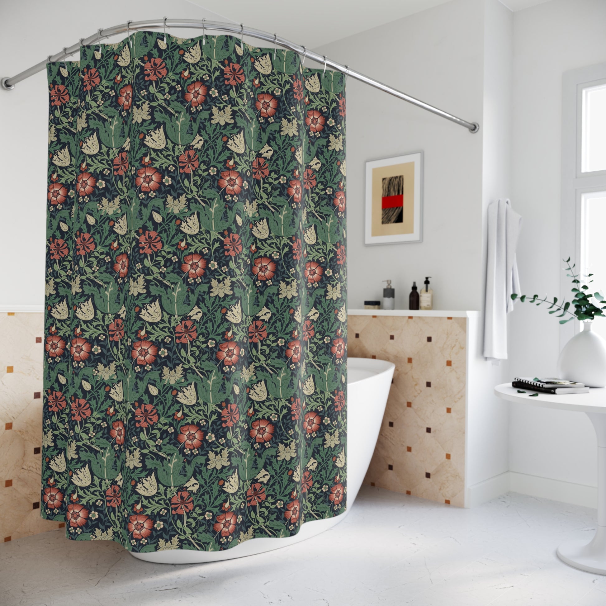 Shower curtain with green leaf pattern in a bathroom setting