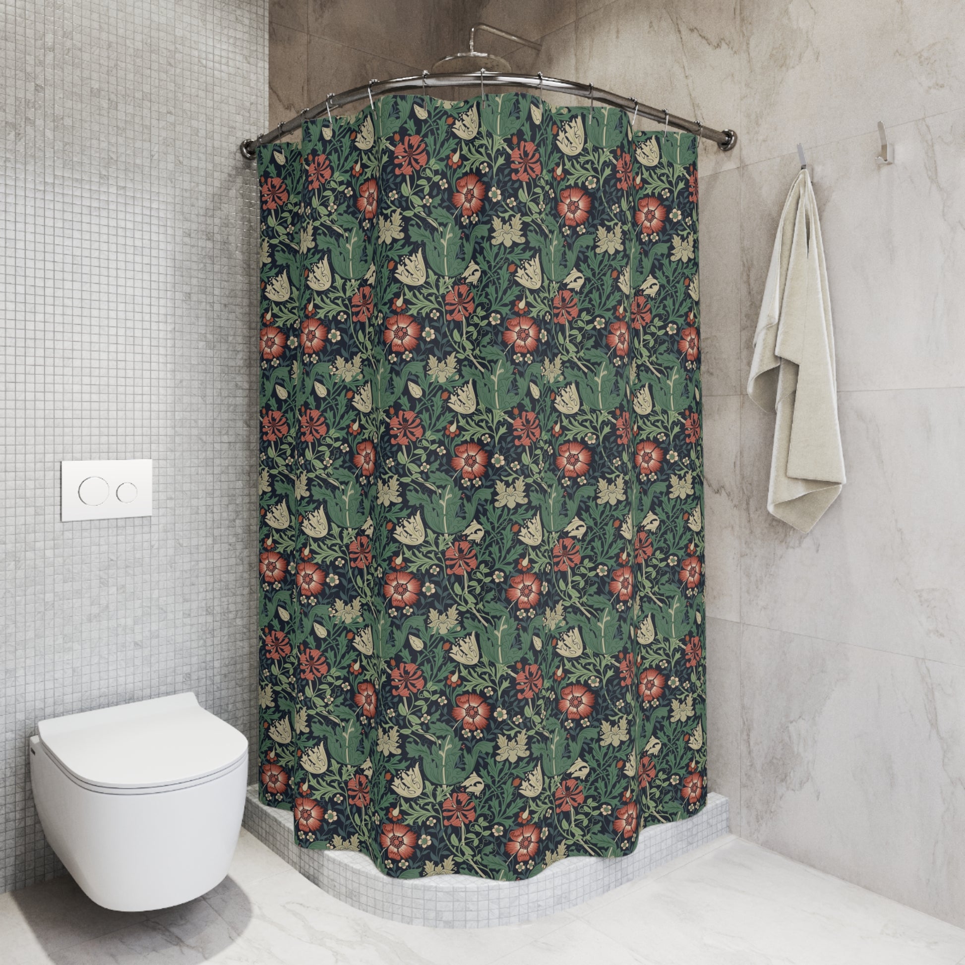 Bathroom with a floral-patterned shower curtain and a white toilet.
