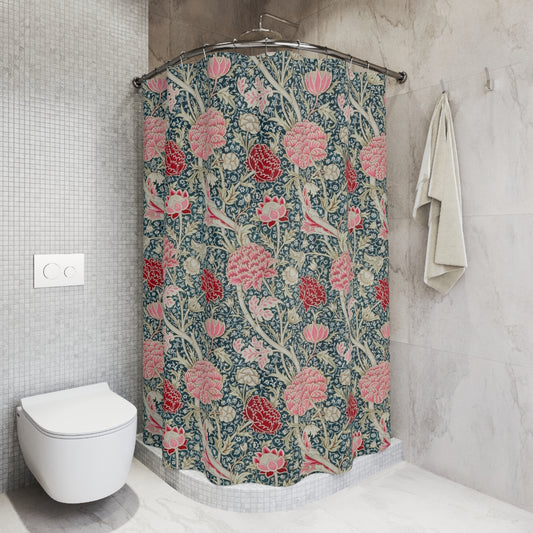 Shower curtain with William Morris & Co floral pattern in a bathroom setting