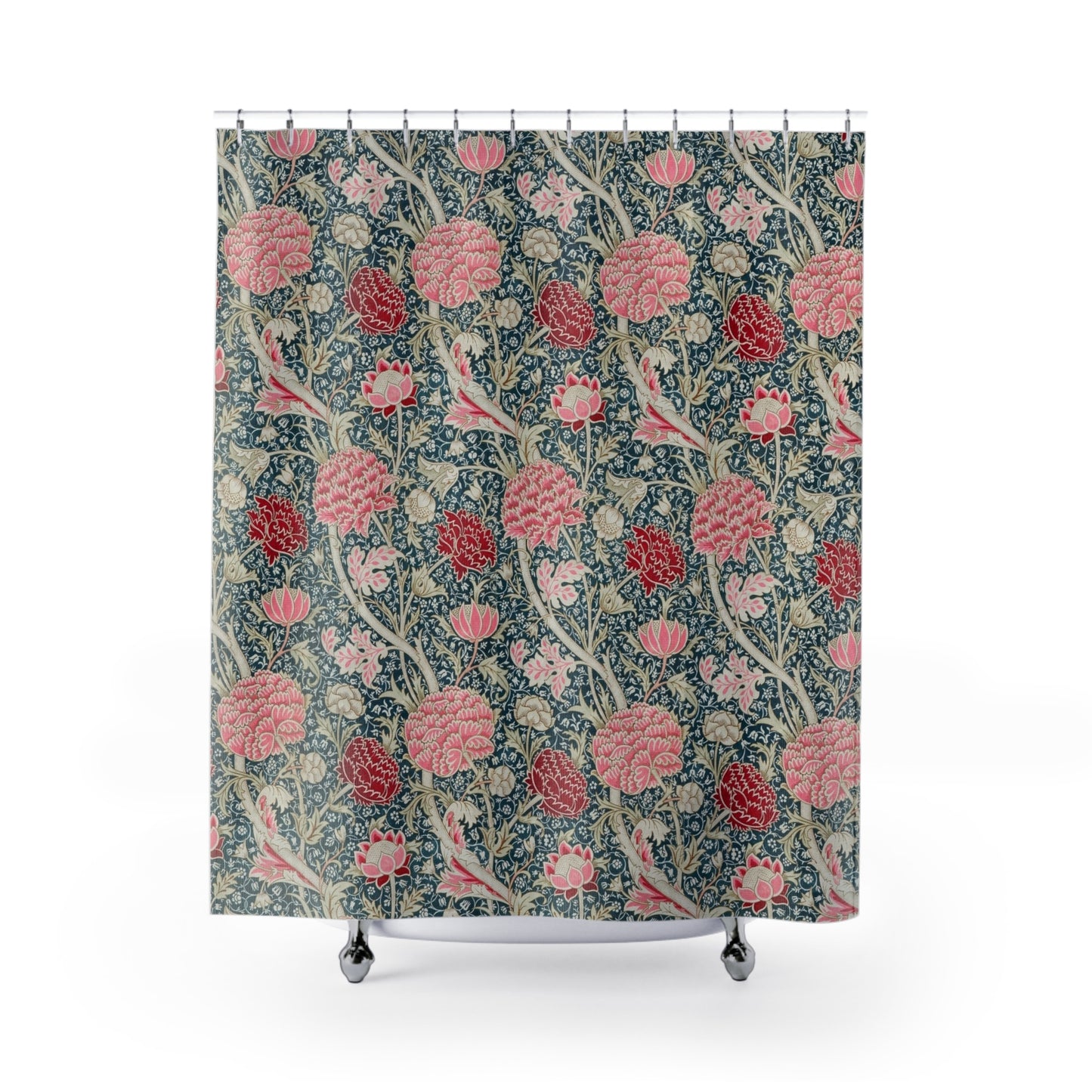 Shower curtain with William Morris & Co floral pattern on a white background