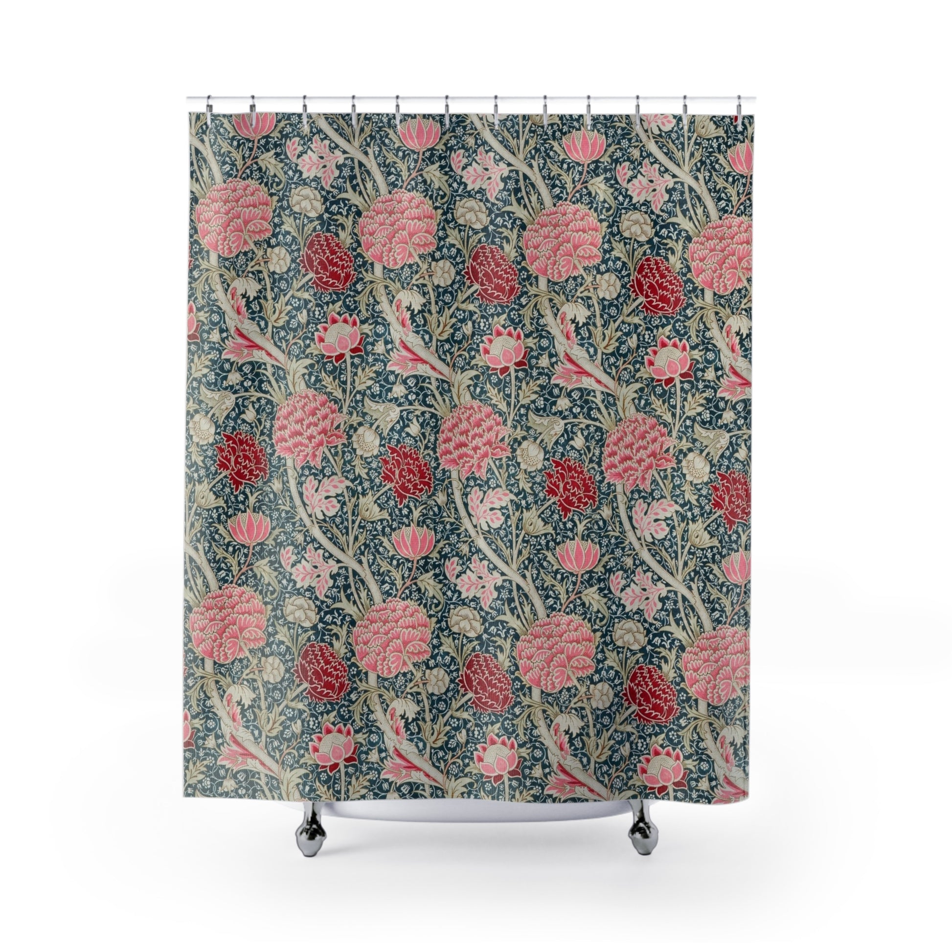 Shower curtain with William Morris & Co floral pattern on a white background