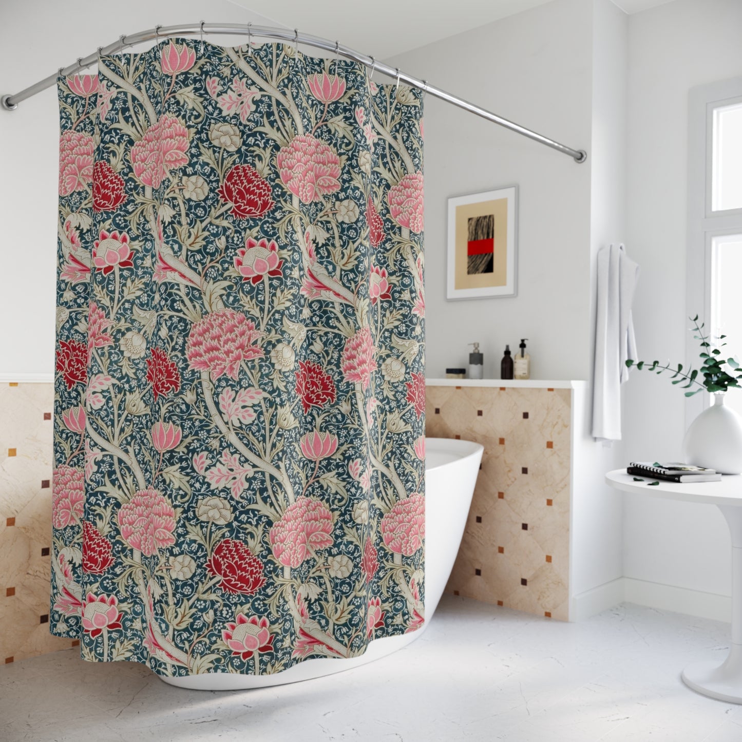 Floral patterned shower curtain in a bathroom setting
