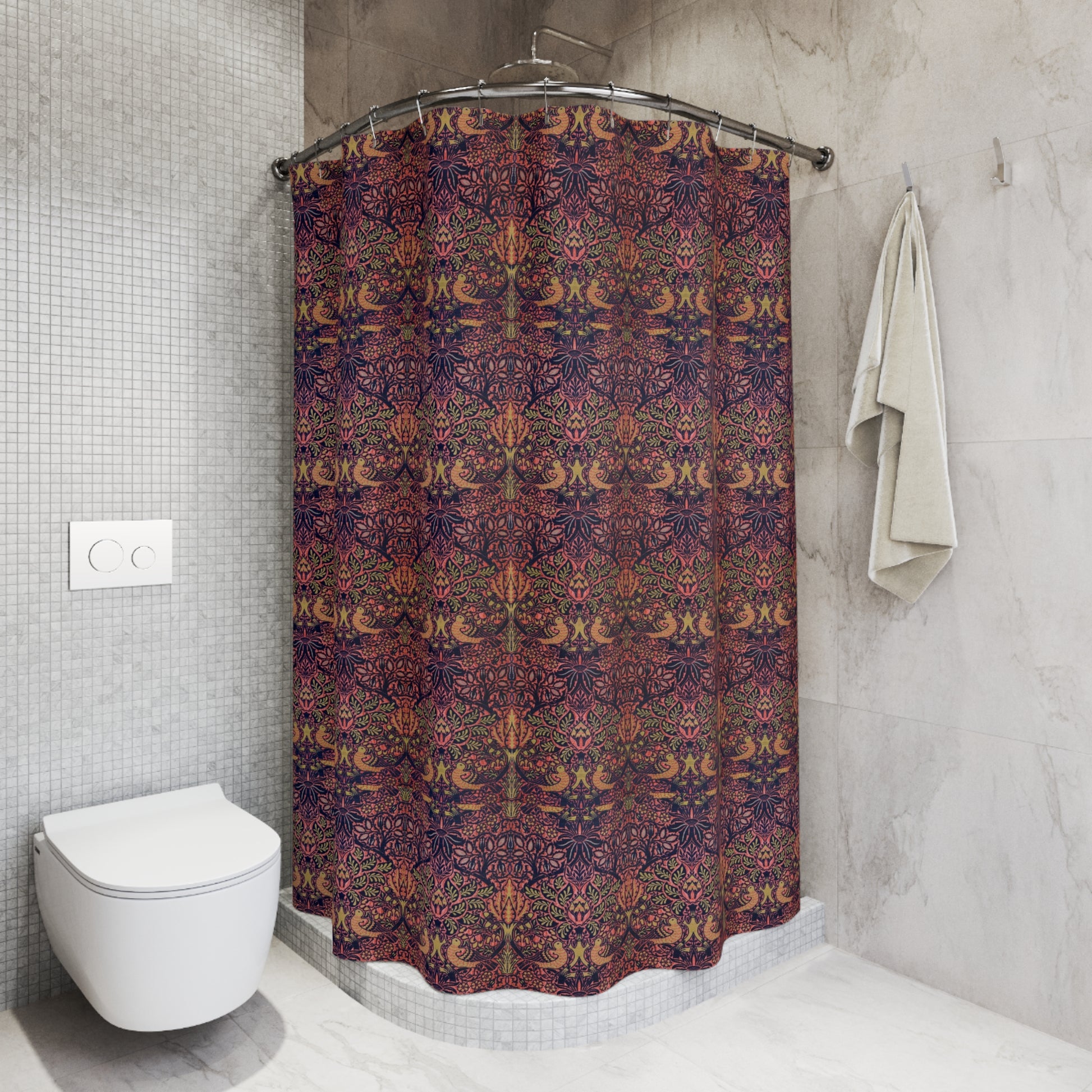 Bathroom with a patterned shower curtain and a white toilet.