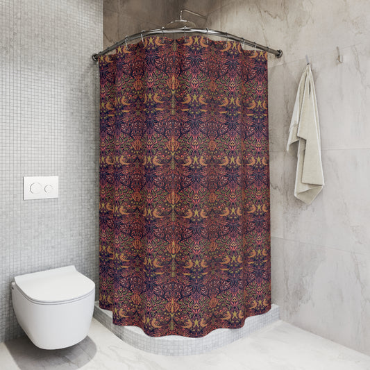 Bathroom with a patterned shower curtain and a white toilet.