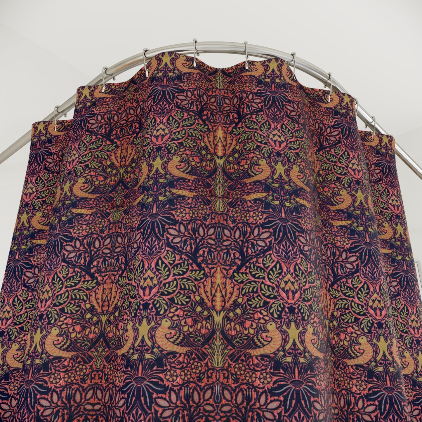 Patterned fabric on a hanger against a white background