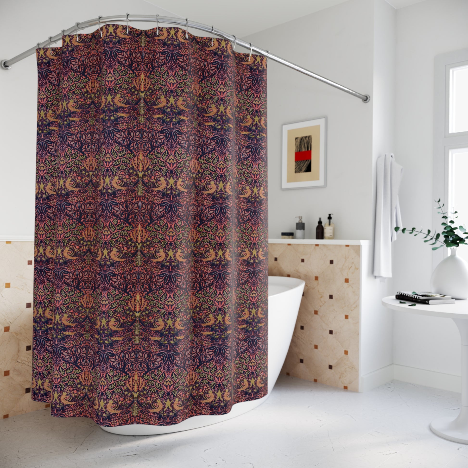 Patterned shower curtain in a bathroom setting with a bathtub and decorative elements.