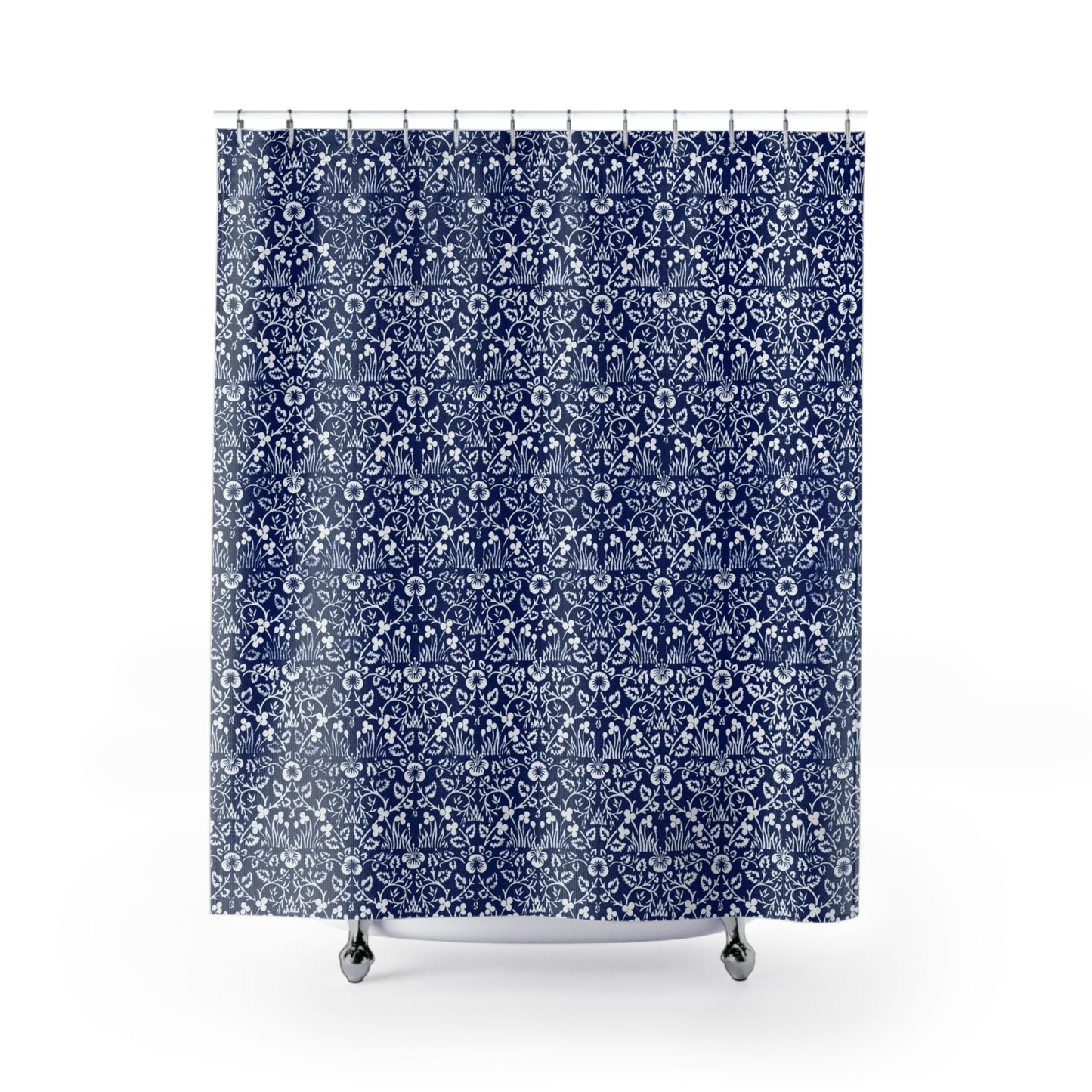 Shower curtain with blue and white floral pattern on a white background
