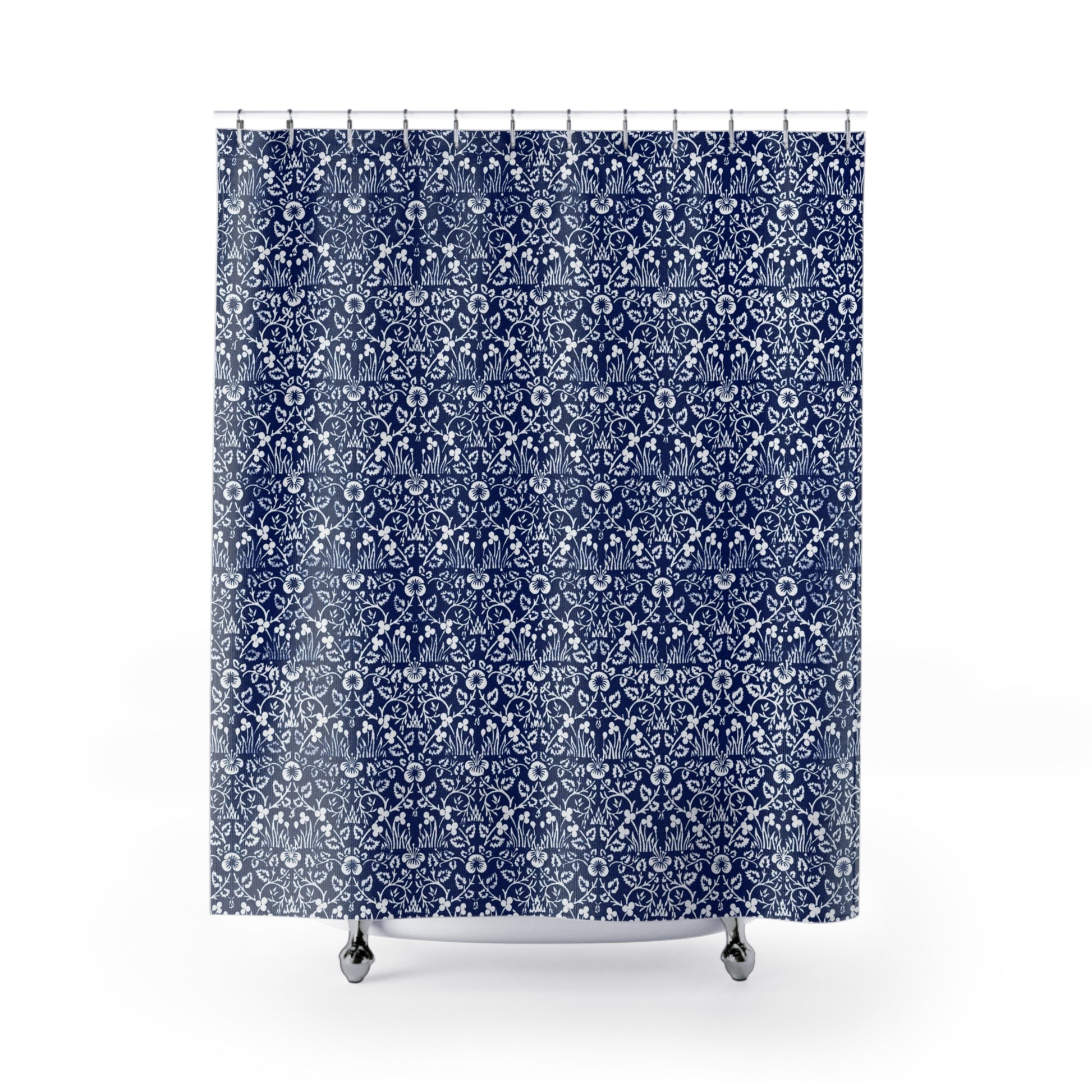 Shower curtain with blue and white floral pattern on a white background