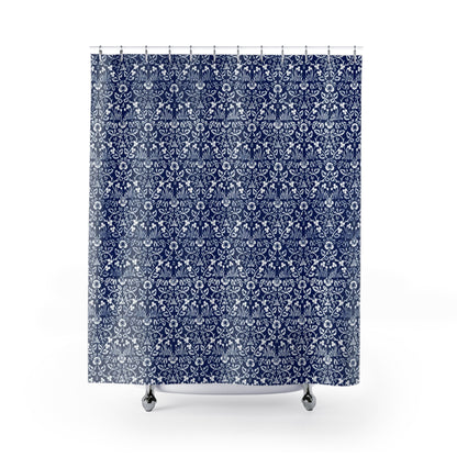 Shower curtain with blue and white floral pattern on a white background