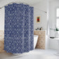 Blue floral-patterned shower curtain in a bathroom setting