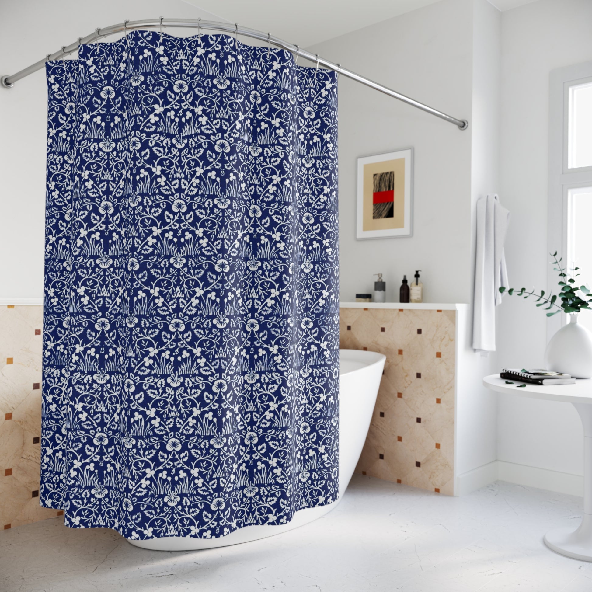 Blue floral-patterned shower curtain in a bathroom setting