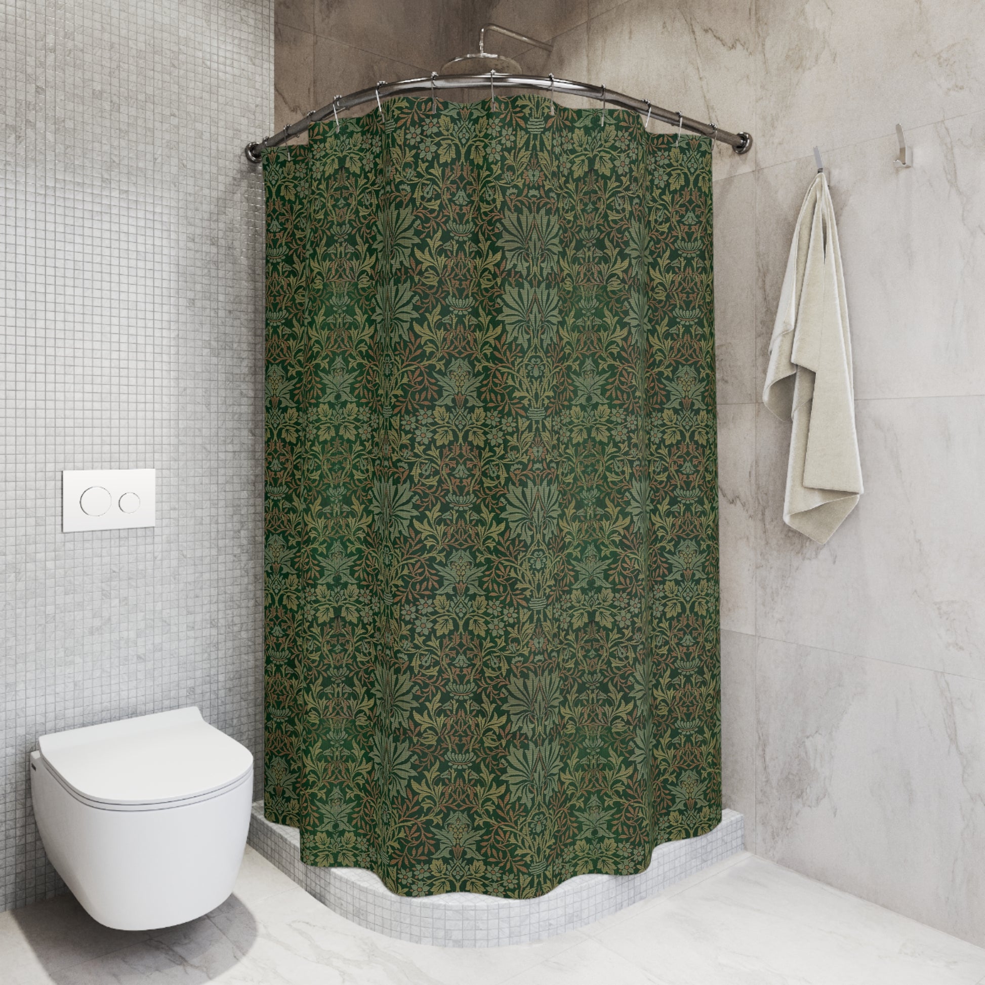 Bathroom with a green patterned shower curtain, white toilet, and beige towel.