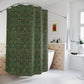 Patterned shower curtain in a bathroom setting with a bathtub and decorative elements.