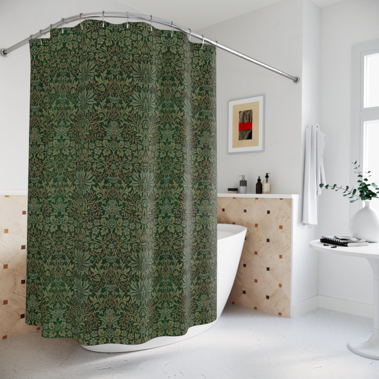 Patterned shower curtain in a bathroom setting with a bathtub and decorative elements.