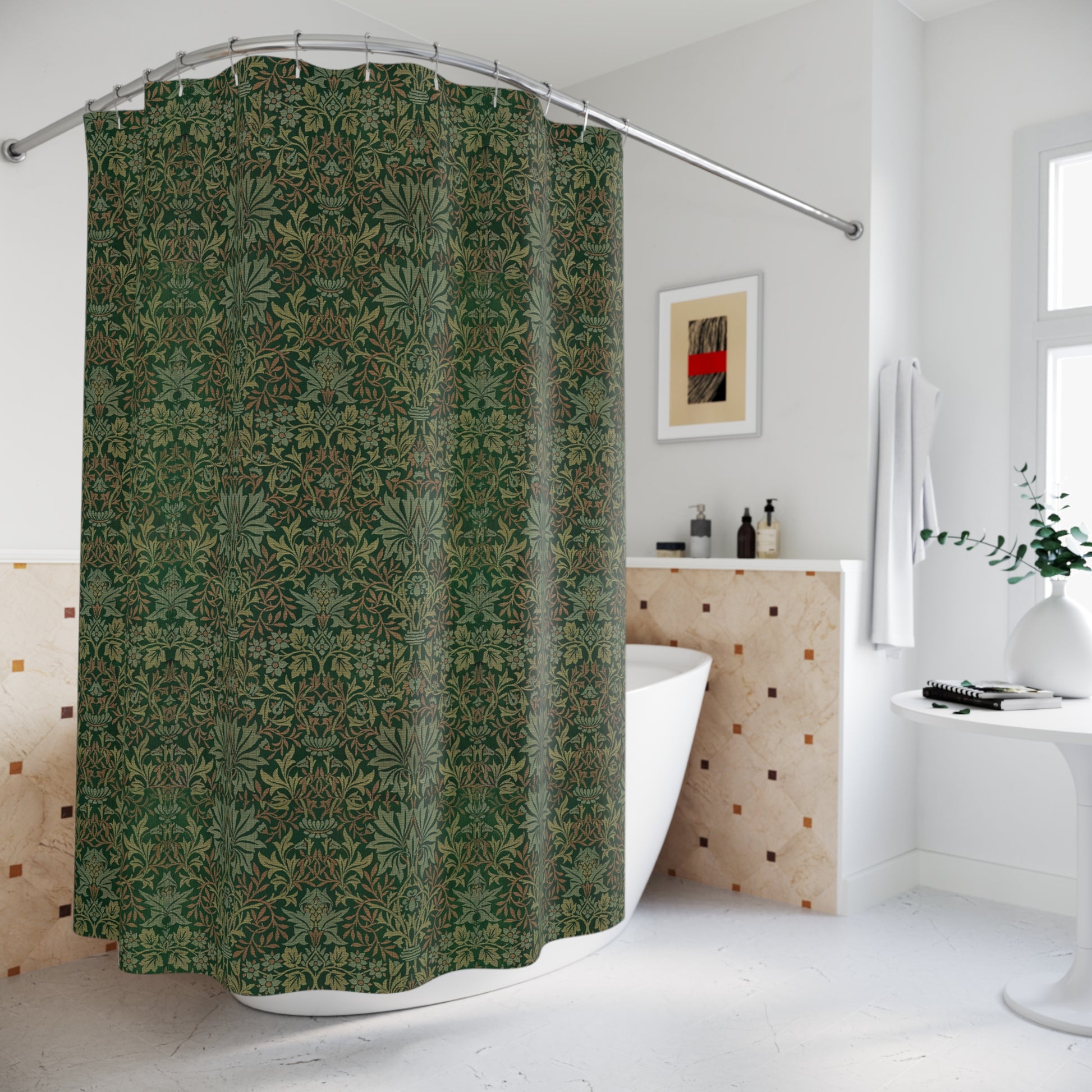 Patterned shower curtain in a bathroom setting with a bathtub and decorative elements.