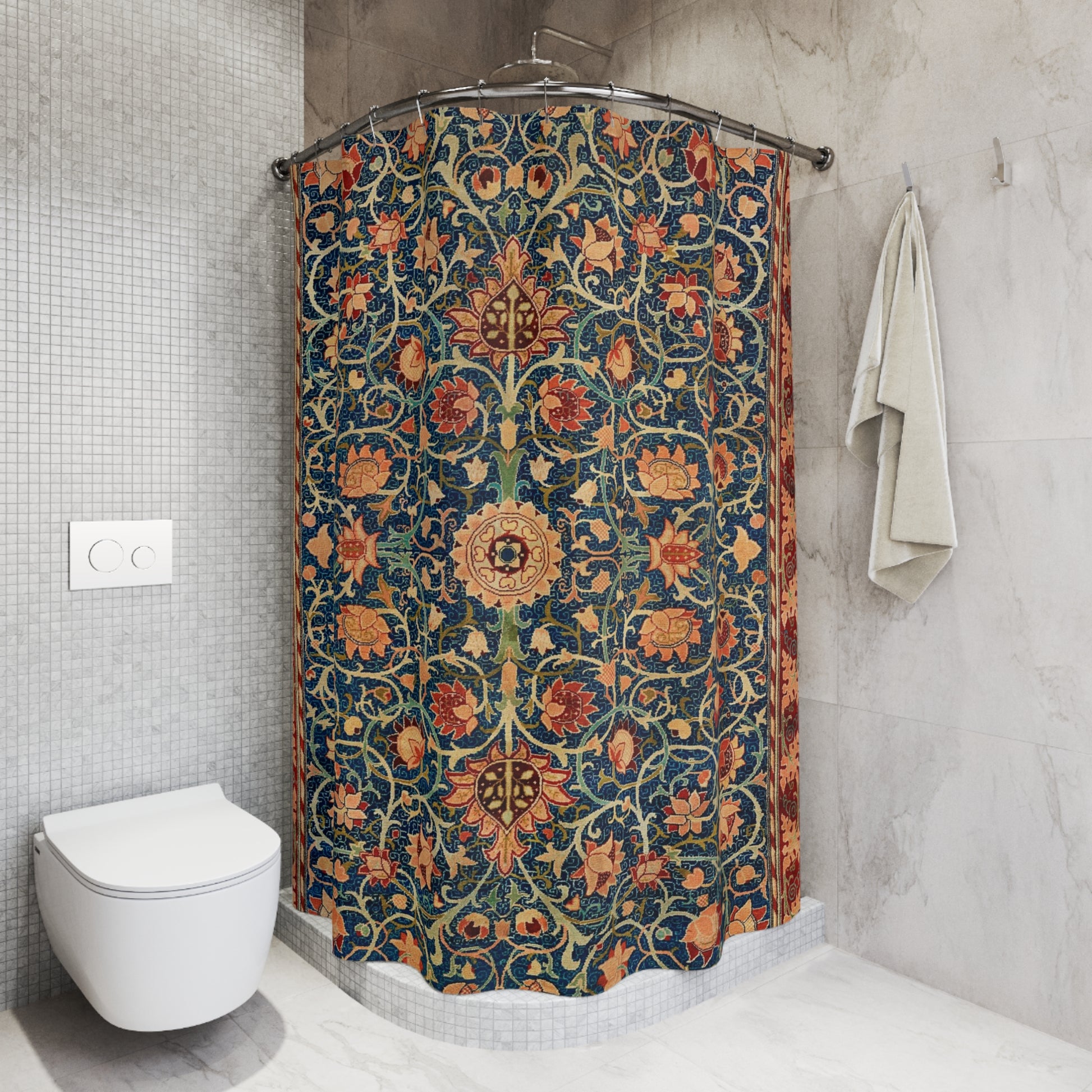 Decorative shower curtain with floral pattern in a bathroom setting