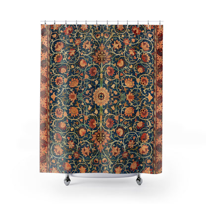 Decorative shower curtain with intricate floral pattern on a white background