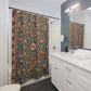 Bathroom with a floral shower curtain, white vanity, and mirror.