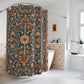 Decorative shower curtain with intricate patterns in a modern bathroom.