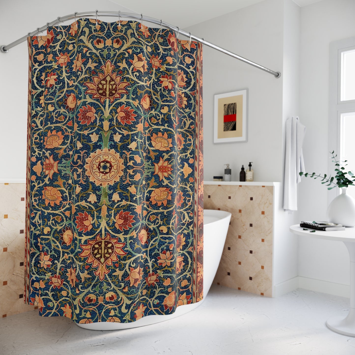 Decorative shower curtain with intricate patterns in a modern bathroom.
