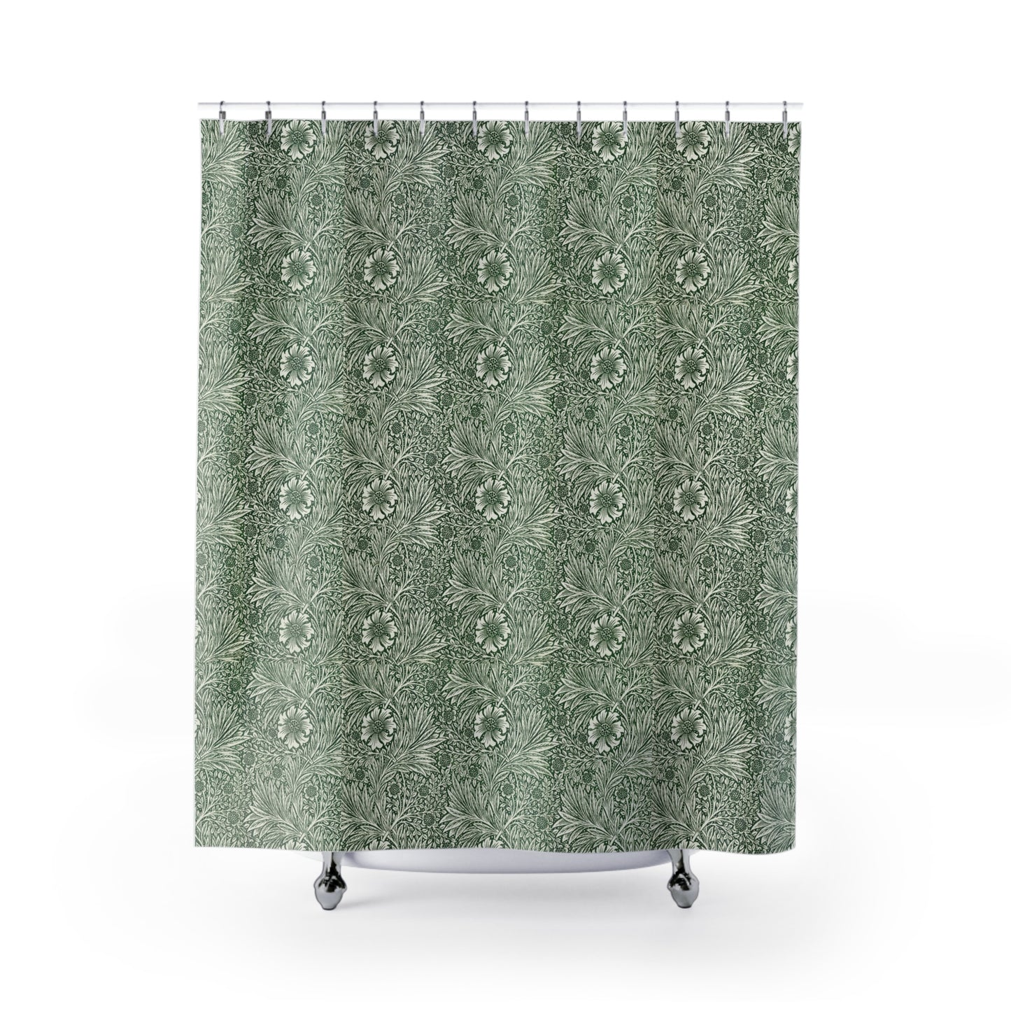 Green floral patterned shower curtain on a white background